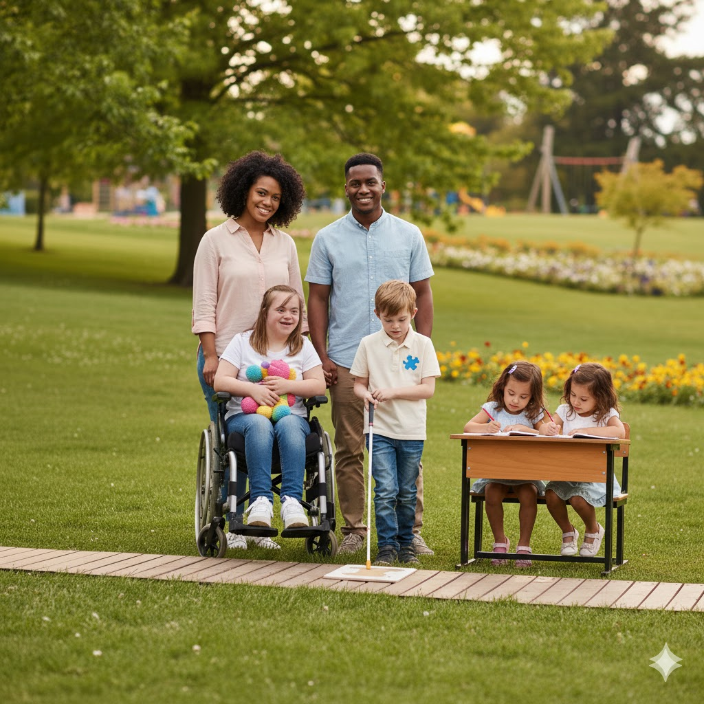 Güneşli bir parkta, hafif bir rüzgar eşliğinde tekerlekli sandalyeli kız çocukları ve aileleri bir arada. Ailenin desteği ve çocuğun mutluluğu ön planda, erişilebilir bir yaşamın önemi vurgulanıyor."