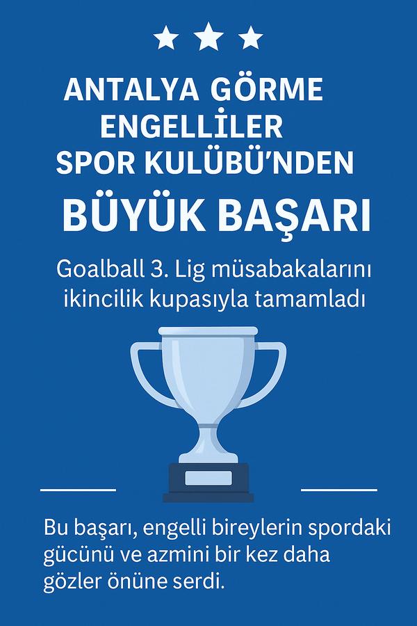 “Goalball 3. Lig ikincilik kupası, Antalya Görme Engelliler Spor Kulübü’nün başarısını simgeleyen tasarım görseli.”