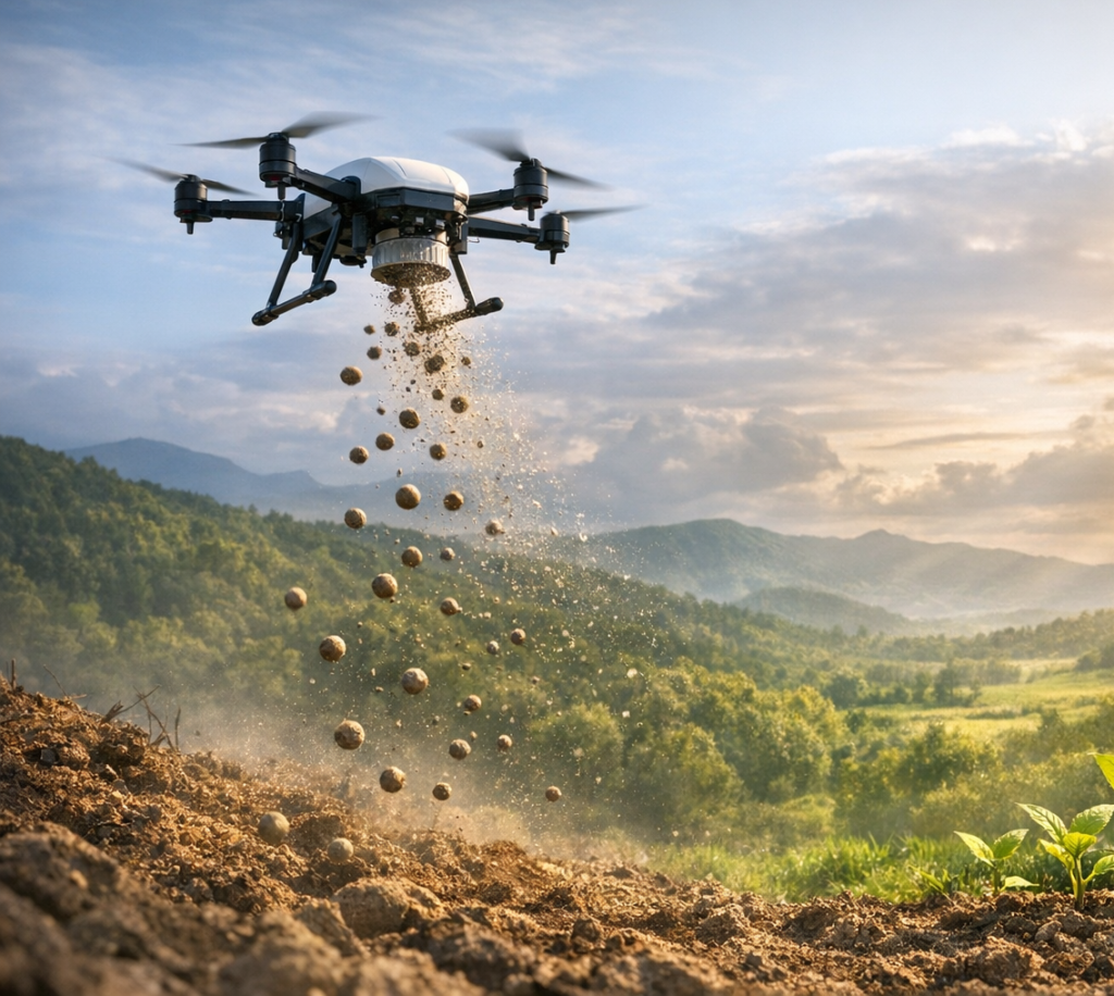 Doğayı ağaçlandırmak için tohum kapsülleri bırakan insansız hava aracı, drone teknolojisi."