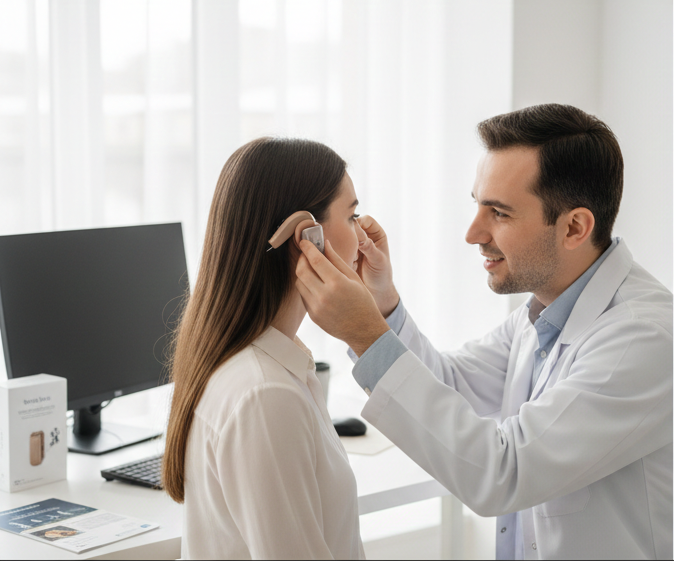 "Beyaz önlüklü bir uzmanın, hastanın kulağına modern ve estetik bir kulak arkası işitme cihazını dikkatlice taktığı yakın çekim görseli."