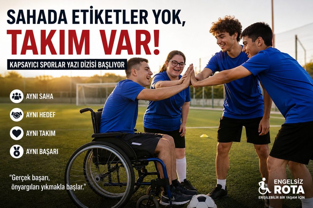 Tekerlekli sandalye kullanan ve engelsiz genç sporcuların futbol sahasında takım ruhunu simgeleyen el ele kutlama yaptığı, kapsayıcı sporları tanıtan afiş.