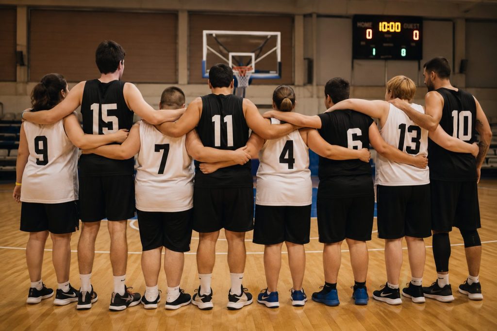Birleştirilmiş basketbol takımında zihinsel engelli ve partner sporcular maç öncesi omuz omuza duruyor.